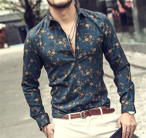 Men shirt Floral printing long sleeve shirts men clothes flowers ...