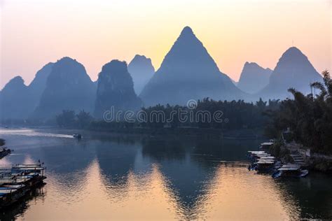 Mountains and River Sunrise View at Guilin City in China Stock Photo - Image of passenger, pier ...