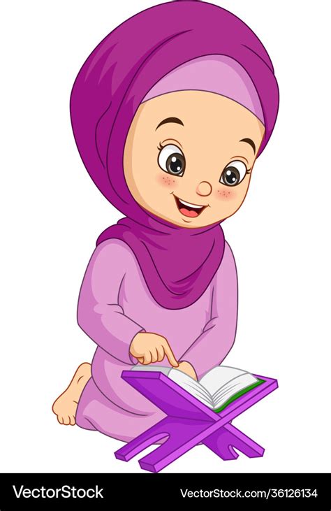 Cartoon muslim girl reading quran Royalty Free Vector Image