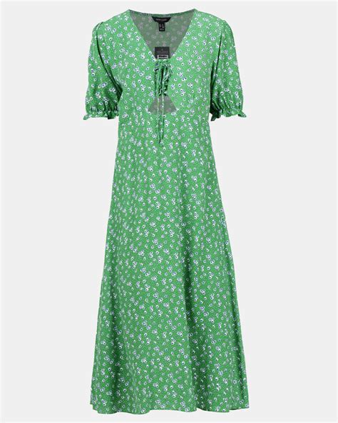 New Look Ditsy Floral Lace Up Midi Dress Green | Zando