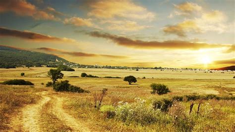 Yellow sunset landscape, hills, yellow, town, clouds, fields, sunset HD ...