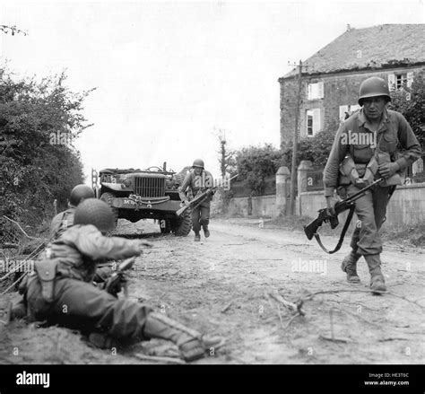 Normandy, France, June 1944. Allied soldiers fighting in the Stock ...