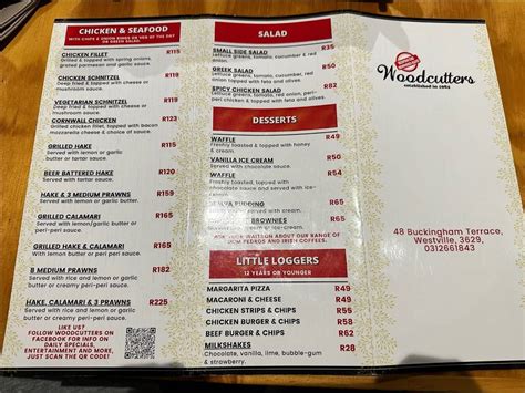 Menu at Woodcutters Restaurant, Westville