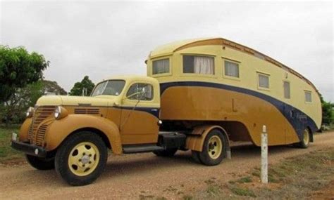 This custom classic RV is a 1940’s Highway Palace. It’s a Fargo truck towing this fifth wheel ...