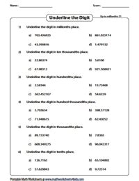 Decimal Place Value Worksheets