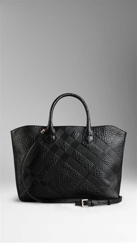 Burberry Medium Embossed Check Leather Tote Bag in Black | Lyst