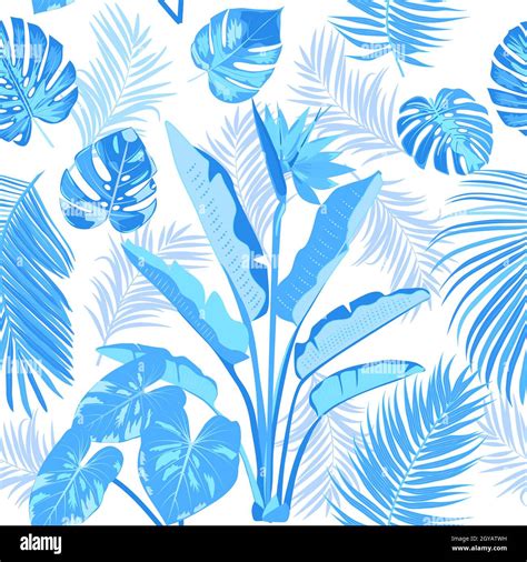 Vector tropical sin costuras con hojas azules de palmera y flores ...