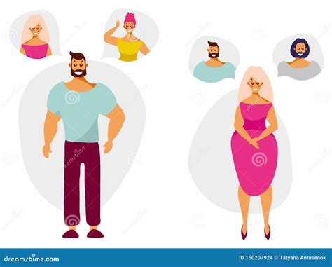 Cartoon Characters Man and Woman Think and Dream of a Partner. Stock Vector - Illustration of ...