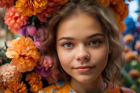 Premium AI Image | Closeup of girls face with vibrant and colorful flowers in the background