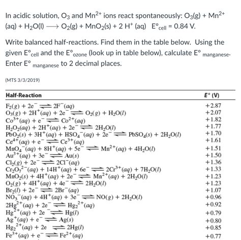 Solved In acidic solution, O3 and Mn2+ ions react | Chegg.com