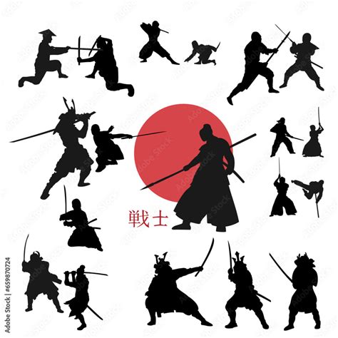 Silhouettes of japanese objects, warriors, samurai, ninjas, fight scenes, hieroglyph "warrior ...