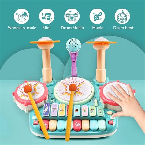 Musical Instrument Toys,Childrens Electronic Piano Keyboard Xylophone Drum Toy Set with Lights ...