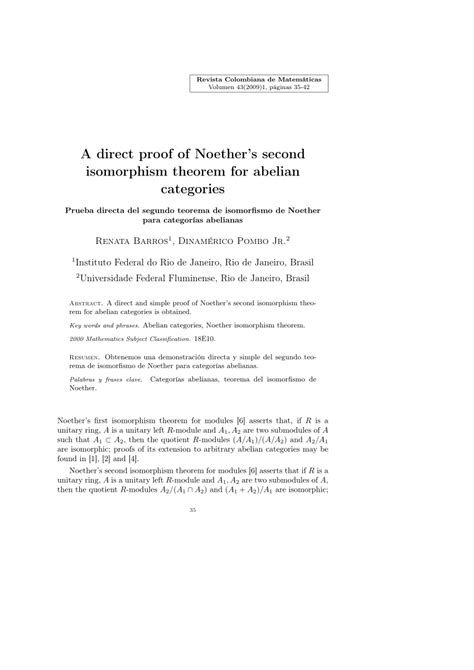 (PDF) A direct proof of Noether's second isomorphism theorem for abelian categories