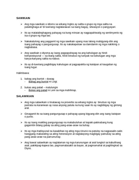 Salawikain at Sawikain Examples and Meanings | Summaries Mathematics | Docsity