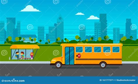 Kids are Waiting for the School Bus on the Bus Stop on City Landscape Background. Stock Vector ...