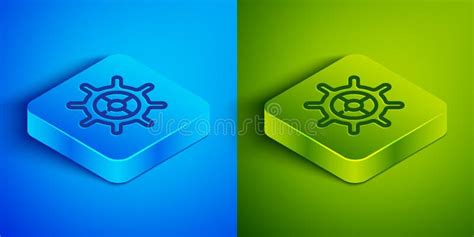 Isometric Line Ship Steering Wheel Icon Isolated on Blue and Green Background. Square Button ...