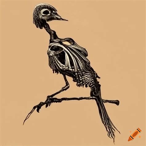 Etching of skeleton birds perched on a tree