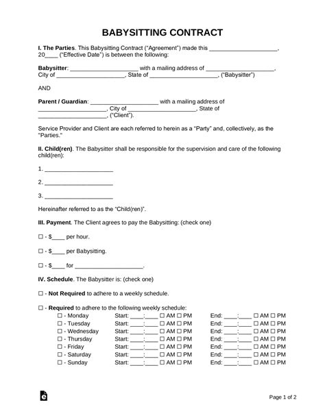 Free Babysitter Contract Template - Samples - PDF | Word – eForms