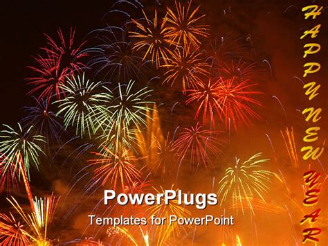 Colorful Fireworks burst display with building silhouette PowerPoint Template Background of ...