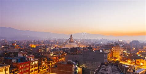 Sunset at the Boudhanath Stupa Kathmandu Nepal.Colorful Panorama Cityscape in Twilight Sunset ...