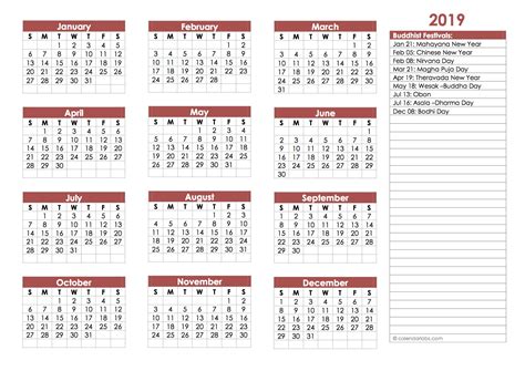 2019 Buddhist Festivals Calendar Template - Free Printable Templates