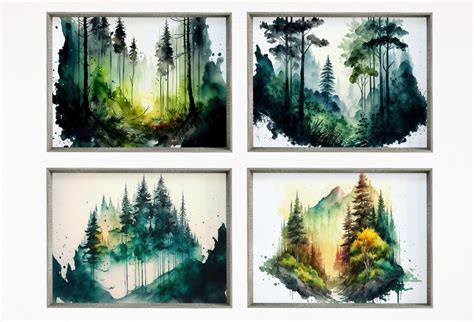 Set of 4 Watercolor Forests Landscape Art. Printable Wall Art. Nature ...