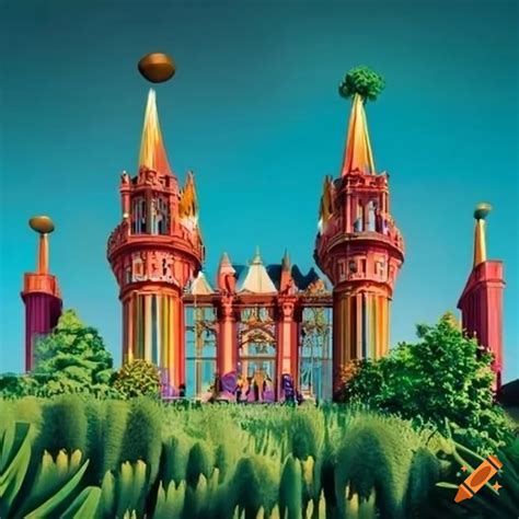 Colorful pop art palace with people and vegetation