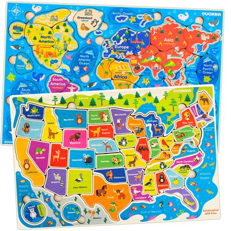 United States and World Map Puzzle for Kids Ages 4 5 6 7 8, Wooden USA ...