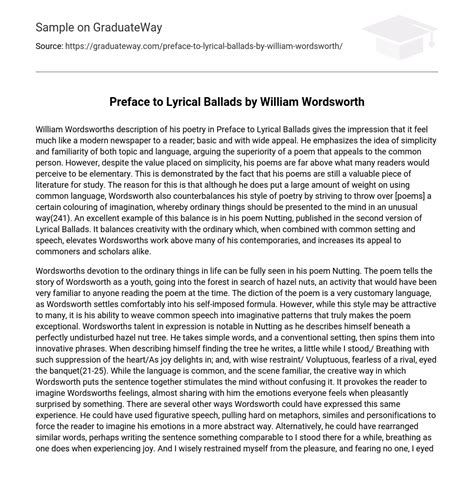 ⇉Preface to Lyrical Ballads by William Wordsworth Essay Example | GraduateWay