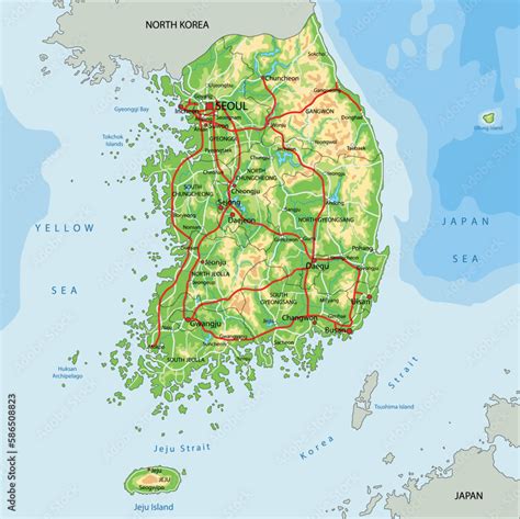 Highly detailed South Korea physical map with labeling. Stock Vector ...