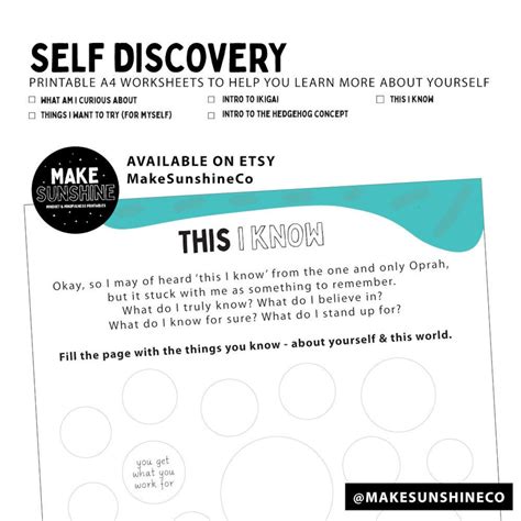 Printable SELF DISCOVERY Worksheets to Learn More About Yourself Instant Download PDF Activity ...