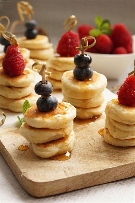 Fluffy mini pancake stacks with berries & maple syrup | Pancake stack, Pancake bar, Mini pancakes