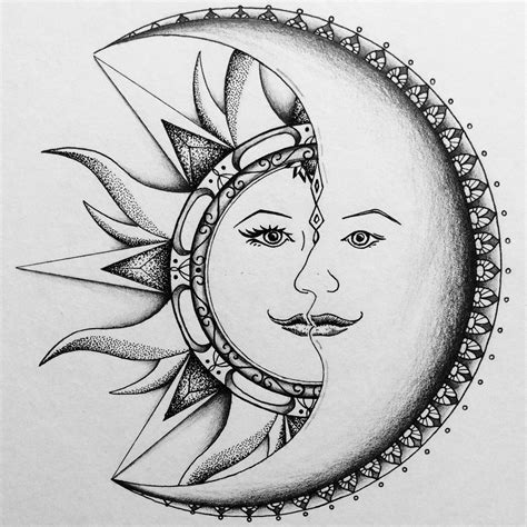 a drawing of the face of a sun and moon