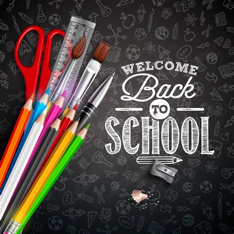 Back to school design with School items on black chalkboard background ...