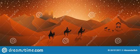 Christmas Nativity Scene of Three Wise Men Magi Going To Meet Baby Jesus in the Manger with the ...