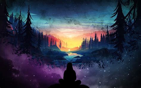 HD wallpaper: river, girl, silhouette, forest, scenic, stars, two ...