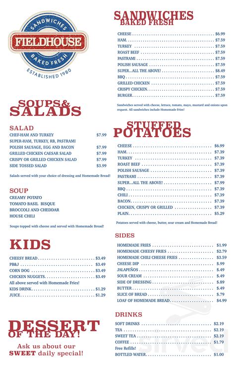 Fieldhouse Sandwich Shop menu in Plainview, Texas, USA