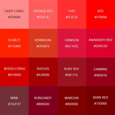 134 Shades Of Red Color With Names Hex Rgb Cmyk Codes Color Meanings Images