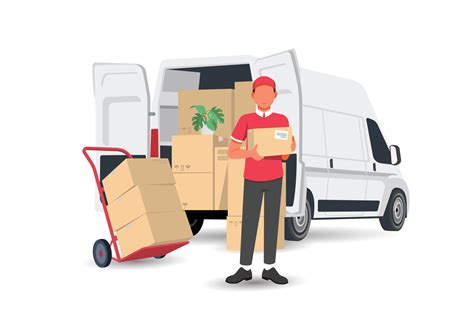 Delivery man with a box and white Van car. Vector illustration in flat style 7267454 Vector Art ...