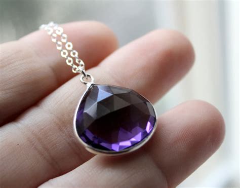 Large Silver Amethyst Pendant Necklace Purple Gemstone