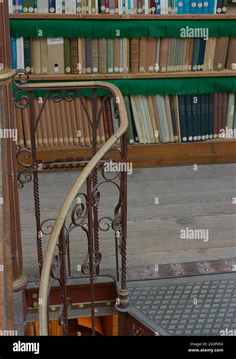 Detail spiral staircase and circulation in the library; Interior ...