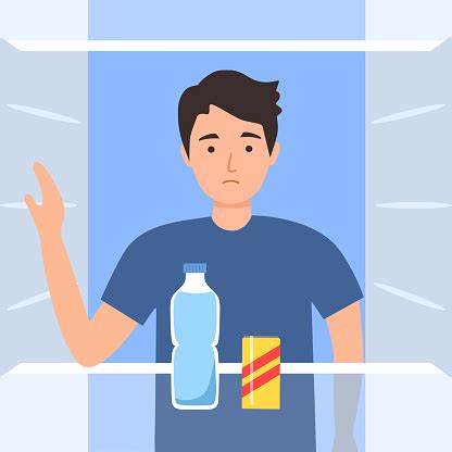 Sad Hungry Man Standing At The Opening Empty Fridge In Flat Design ...