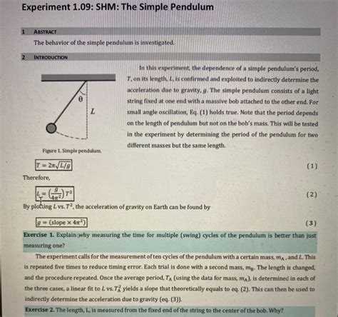 Solved Experiment 1.09: SHM: The Simple Pendulum 1 ABSTRACT | Chegg.com