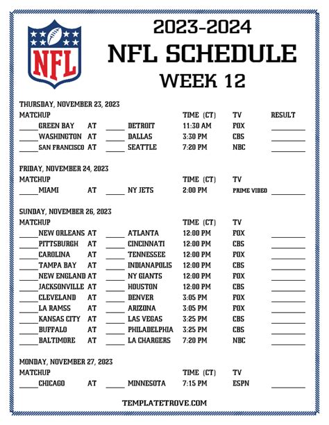 Printable 2023-2024 NFL Schedule Week 12