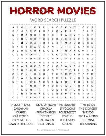 Horror Movies Word Search Puzzle | Print it Free