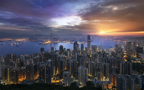 Wallpaper : landscape, lights, mountains, sunset, sea, city, cityscape, Hong Kong, bay, night ...