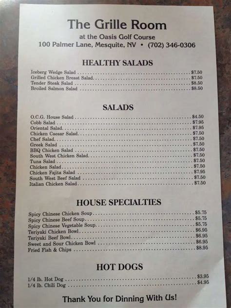 Grill Room Menu, Menu for Grill Room, Mesquite, Mesquite - Urbanspoon ...