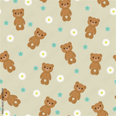 Seamless wallpaper with cute teddy bear on floral background Stock ...