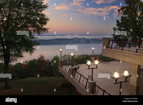 Sunrise view of Guntersville Reservoir from lodge, Lake Guntersville Resort State Park ...