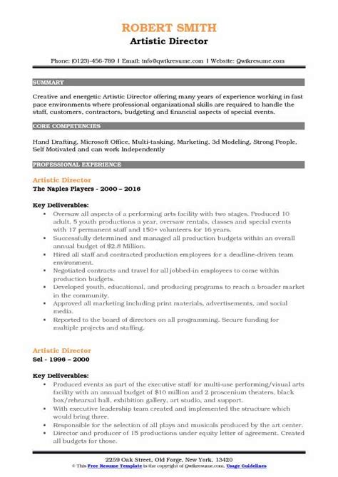 Artistic Director Resume Samples | QwikResume